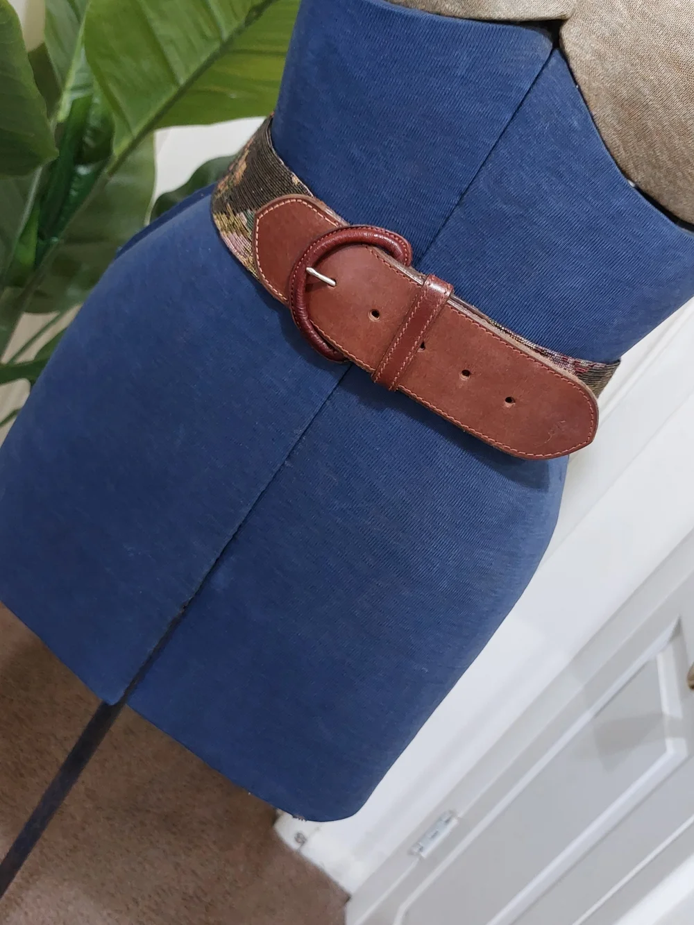 Ralph Lauren Brown Leather Buckle Belt with Multicolor Woven Tapestry Panel